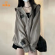 派吉鯊美式加絨加厚衛(wèi)衣女秋冬新款oversize連帽棒球服拉鏈開(kāi)衫大碼外套 灰綠色(春秋) 薄款 M