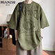 棉致美式復古麂皮絨圓領(lǐng)印花短袖T恤男夏季寬松重磅五分半袖薄款 1294軍綠色【高品質(zhì)18】 3XL 155-170斤