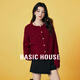 Basic House/百家好冬季新款圓領(lǐng)羊毛針織開(kāi)衫女外搭短款毛衣外套 紅色 M