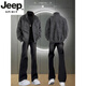 JEEP SPIRIT黑灰色磨砂皮衣外套男生春秋穿搭一整套裝美式復古機車(chē)夾克棒球服 灰色夾克+黑色打底衫+黑色牛仔褲 2XL (145-160斤)