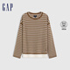 GAP女裝2025春季新款logo條紋假兩件針織衫百搭柔軟毛衣729093 卡其色條紋 M (165/84A) 亞洲尺碼