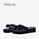Bella Lily2025夏季新款精致珍珠紗人字拖小坡跟厚底涼拖沙灘涼鞋 黑色 38