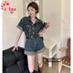 CTOX甜酷牛仔連體褲復(fù)古港風(fēng)卷邊短褲女夏季收腰顯瘦闊腿褲連衣褲套裝 懷舊色配皮帶 優(yōu)質(zhì)款 M 90-105斤
