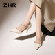 ZHR鉚釘高跟鞋女氣質(zhì)尖頭名媛風細跟單鞋性感包頭涼鞋女 IE02 米色37