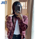 Jret磨毛復古格子襯衫女短款外套春夏2025新款長(cháng)袖上衣感襯衣 紅色格子 S