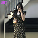 Jret茶歇法式赫本風(fēng)黑色碎花連衣裙子女夏季2025新款氣質(zhì)收腰長裙 【黑色小飛袖碎花連衣裙】【釣系 L 55/60kg