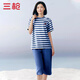 三槍夏季新款彩條冰泉棉休閑套裝女士短袖中褲圓領(lǐng)條紋涼爽家居服套裝 藏青條 XL /170/90