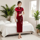 鴻韻繡旗袍中國風(fēng)春夏新款優(yōu)雅復(fù)古改良時尚醋酸旗袍喜婆婆婚宴時尚禮服 酒紅色長款（短-袖）手繪 XL