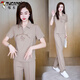 啄木鳥(niǎo)冰絲短袖翻領(lǐng)套頭運動(dòng)休閑直筒褲套裝女夏2026顯瘦時(shí)尚寬松兩件套 駝色 冰絲套裝 3XL 【建議135-150斤】