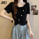 JRET正肩T恤女夏季遮肚子2025年小眾別致顯瘦不規則上衣短袖女 黑色 2XL 【建議130-145斤】