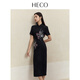 HECO【花間令】新中式國風(fēng)春季新款做舊肌理亞麻中長(cháng)款連衣裙女 黑色 M