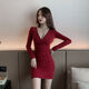 欲動(dòng)性感緊身夜總店長(cháng)袖連衣裙女秋冬深V領(lǐng)低胸包臀 紅色 L