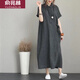 俞兆林洋氣寬松棉麻短袖連衣裙女夏文藝減齡顯瘦中長(cháng)款亞麻襯衫長(cháng)裙 深灰色 L (建議120-135斤)