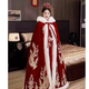 麥斯貝思酒紅色秀禾服禮服披風(fēng)中式婚禮新娘披肩外套結婚斗篷加厚加絨毛領(lǐng) 深紅色