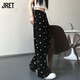 Jret寬松闊腿褲女夏季顯瘦百搭愛(ài)心印花休閑褲高腰直筒褲拖地長(zhǎng)褲 黑色 XL 建議115-135斤