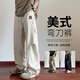 AJND美式潮牌工裝褲子男春秋季寬松闊腿直筒休閑褲男長(zhǎng)褲大碼彎刀男褲 卡其（NE01） L （推薦體重110-130斤）