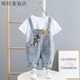 FANCYCHIC男童短袖套裝2025新款韓版休閑兒童牛仔背帶褲男寶寶夏季兩件套潮 貓和老鼠套裝(七分褲) 110 cm