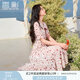 香影（xiangying）紅色碎花連衣裙女2025夏裝新款高腰大翻領(lǐng)泡泡袖茶歇裙子 暗紅 S