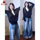 夏雨瑤藍色假兩件針織衫上衣女2025新款早秋季設計感慵懶學(xué)院風(fēng)長(cháng)袖毛衣 藏青色 M 建議95斤-110斤