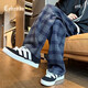 Cebrodz法國 格子褲子男冬季加厚美式復古直筒褲潮流大碼闊腿重磅休閑褲 藏青色 L