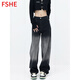 FSHE梨型身材闊腿牛仔褲女春秋季2025新款漸變色高腰直筒褲拖地長(cháng)褲子 黑灰色 M