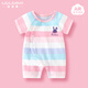 溜溜果女寶寶衣服夏季薄款夏裝短袖嬰兒衣服洋氣可愛(ài)新生兒連體衣外出服 短袖 條紋兔 80cm