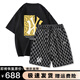 MR-90官方潮牌短袖t恤套裝男女純棉上衣短褲休閑兩件套夏季情侶潮牌 黑色短袖+黑色短褲（NE12） L （建議130-150斤）