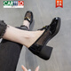 卡帝樂(lè )鱷魚(yú)（CARTELO）真皮網(wǎng)面涼鞋女粗跟厚底2025年夏季鏤空單鞋小皮鞋透氣中跟樂(lè )福鞋 黑色 37
