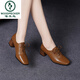 啄木鳥(niǎo)2026新款春秋季系帶皮鞋女粗跟軟皮中跟深口單鞋春款高跟真皮女鞋 棕色 34