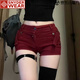 SNYDER WEAR美式辣妹a字低腰紅色牛仔短褲女夏季新款性感修身包臀熱褲子 紅色 S