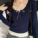 皓娥 系帶假兩件T恤女木耳邊圓領(lǐng)長(zhǎng)袖T恤拼接純欲修身針織打底衫上衣 假兩件長(zhǎng)袖【藏青色】 M