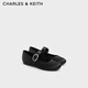 CHARLES&KEITH法式平底緞面鉆扣瑪麗珍鞋生日禮物女七夕禮物CK1-70900545 BLACK TEXTURED黑色紋理 37 (235mm)
