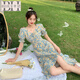 半繪法式碎花連衣裙女開叉夏季長裙裙子2025設(shè)計(jì)感泡泡袖溫柔方領(lǐng)風(fēng)設(shè) 藍(lán)小雛菊連衣裙 L