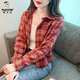 啄木鳥(niǎo)磨毛格子襯衫女款外套小個(gè)子春秋2025新款寬松百搭復古短款襯衣 紅色格子小個(gè)子 M