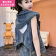 Fickan牛仔馬甲女洋氣款高檔2024新款春秋夏季寬松連帽無袖坎肩背心外穿 藍色 2902【版】 L 105-120斤