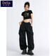 矜持范美式高街抽繩工裝褲潮流高腰寬松百搭直筒長(cháng)褲休閑闊腿束腳褲子女 黑色SC S