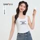 三福背心2025夏季英文印花寬肩帶弧擺短款上衣女裝498244 米白色 M