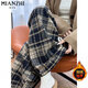 棉致加絨格子加厚闊腿褲子女秋冬季新款寬松高腰直筒休閑褲女衛褲 藏青咖格【A305加絨正常長(cháng)度】 L 100-120斤
