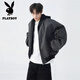 花花公子（PLAYBOY）美式復(fù)古棒球服春秋連帽外套男潮流高街假兩件PU皮衣紋理夾克男 灰色 常規(guī) XL 建議120-145斤