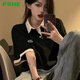 FSHE【很潮】棉短袖t恤女夏季撞色polo領體恤寬松百搭半袖上衣ins潮 黑色T恤(優(yōu)質棉) L _建議101-115斤