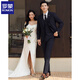 羅蒙新郎結婚西服套裝男士韓版修身禮服商務(wù)職業(yè)正裝西裝男英倫上衣服 藏青單扣【西服+西褲+馬甲+襯衫 XL 【120-135斤】