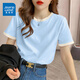 真維斯（JEANSWEST）t恤女夏季裝新款純棉短袖上衣服女裝寬松撞色休閑慵懶風(fēng)正肩半袖 天藍 純色 L
