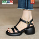 卡帝樂鱷魚（CARTELO）真軟皮高跟鞋女2025年夏季新款軟底復(fù)古T型松糕厚底露趾粗跟涼鞋 黑色 38