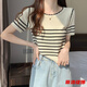 蒂洛緹娜冰絲短袖t恤女夏季新款顯瘦遮肚子薄款正肩針織條紋圓領(lǐng)短款上衣 杏色短袖 XL 建議120斤-135斤