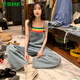 FSHE復古牛仔背帶褲女寬松春秋新款韓版闊腿褲學生拖地褲高腰連體褲子 淺藍色 S