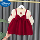迪士尼（Disney）韓版女童連衣裙秋季洋氣小公主裙周歲衣服兒童禮服女寶寶秋冬裙子 蝴蝶結小花加絨裙 90