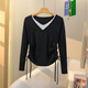憶思減300斤大碼女裝春秋假兩件上衣設計感長(cháng)袖T恤胖mm遮肚顯瘦內搭打底 黑色 XL 建議120-150斤