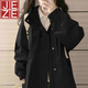 JEZE2025新款學院風慵懶百搭美式工裝沖鋒衣外套休閑連帽夾克男女同款 黑色版雙層有里布 M 適合100-119斤