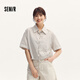 森馬（Semir）中袖襯衫女短款條紋寬松慵懶風(fēng)夏翻邊袖抽繩仿麻襯衣101324119007