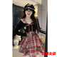 tromlfz大碼胖mm純欲風(fēng)jk制服套裝女秋冬拼接襯衫+格紋束腰裙顯瘦兩件套 黑色上衣+紅格裙子 建議115-130斤 XL